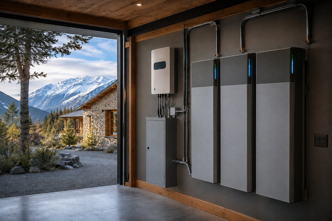 Sistema de baterías de almacenamiento de energía instalado en una vivienda, con vista a montañas nevadas
