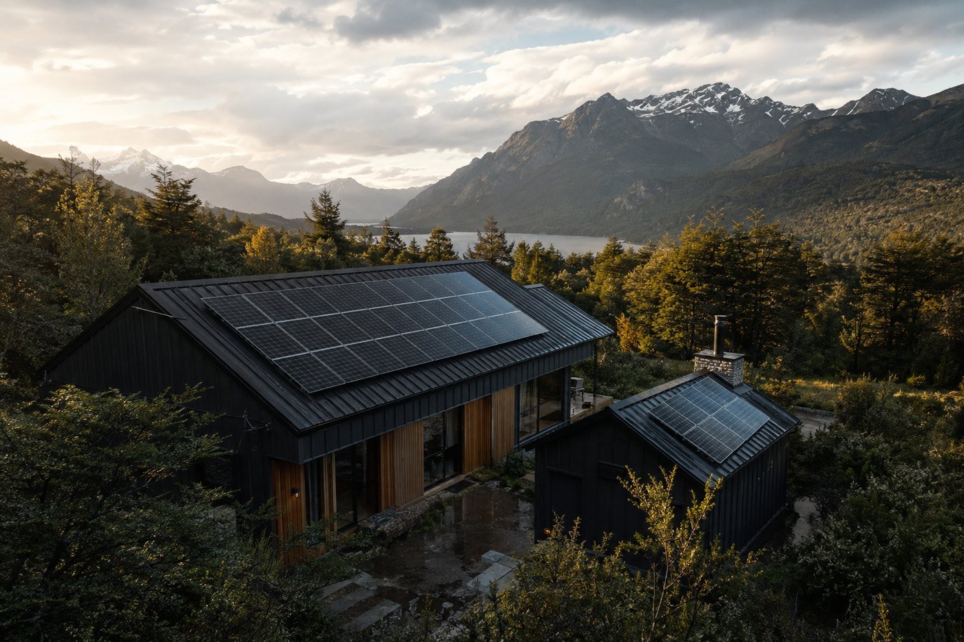 Paneles solares sobre el techo de una cabaña rodeada de bosque, con lago y cordillera de fondo