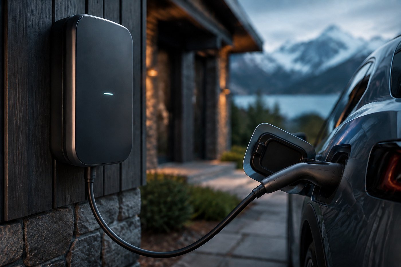 Punto de carga para un vehículo eléctrico junto a una casa de montaña, con picos nevados de fondo